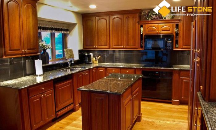 Cherry Cabinets with Brown Granite Countertops