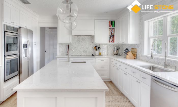 White Quartz Countertops with White Cabinets