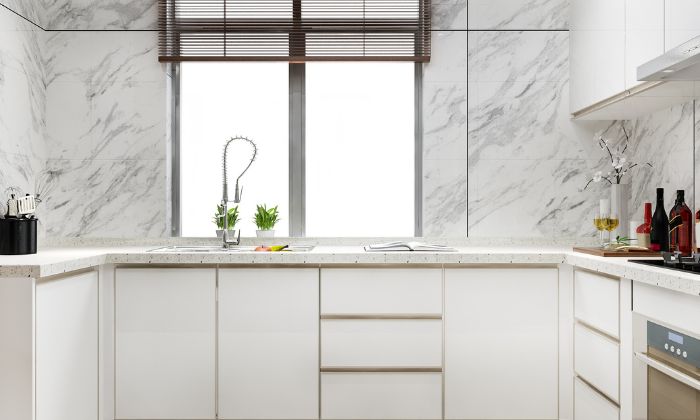 White Cabinets with Brown Granite Countertops